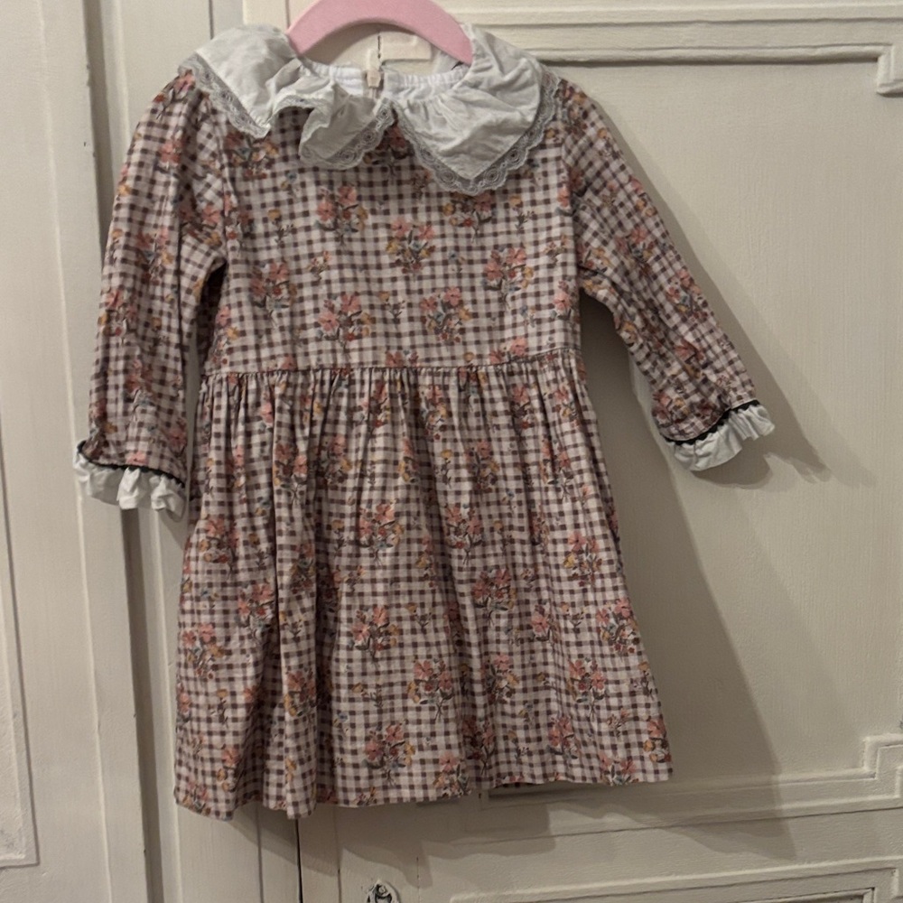 La Coqueta 3T Girls' Floral Plaid Long-Sleeve Dress with Ruffle Collar - Pink